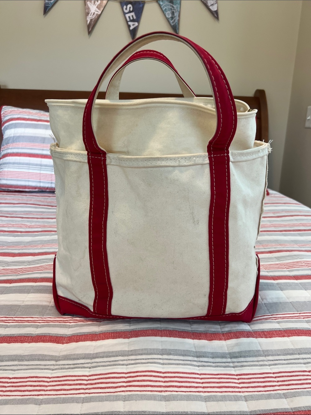Vintage LL Bean Boat and Tote - 1990’s. White with red bottom and handles.
